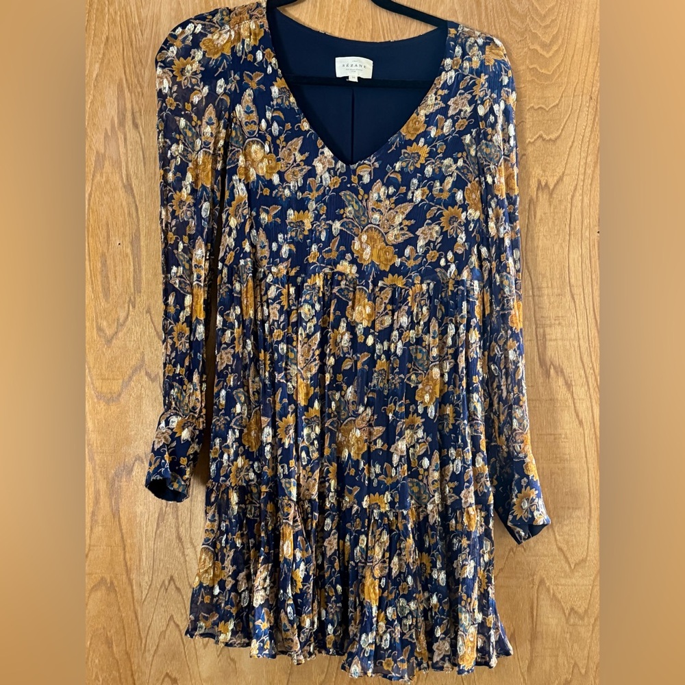 Sezane Navy and Mustard Floral Long-Sleeve Babydoll Dress